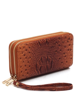 Ostrich Croc Double Zip Around Wallet Wristlet OS0012 TAN